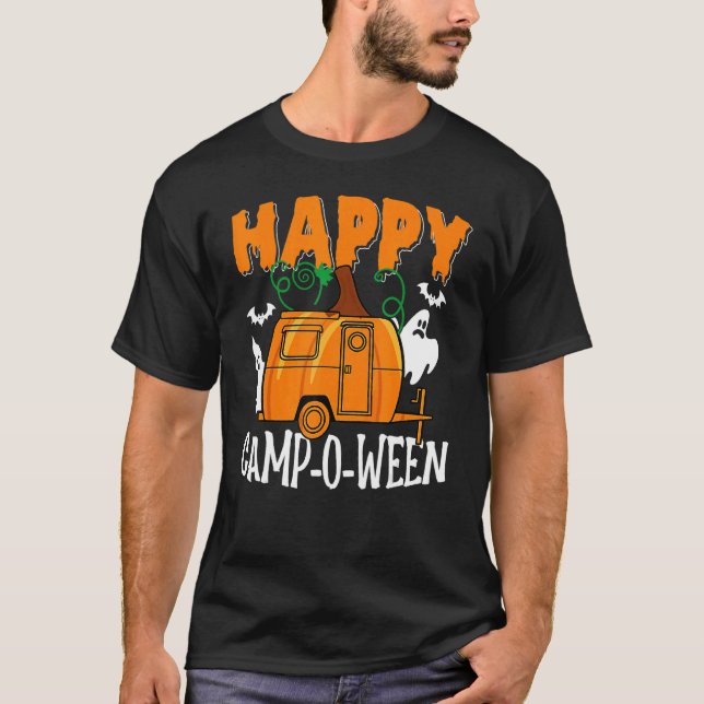 Camiseta Halloween Camping Feliz Campoween Pun Ghost Camper (Anverso)