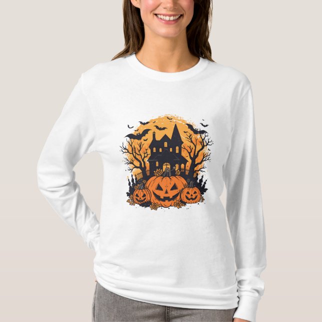 Camiseta Halloween, casa de calabaza encorvada (Anverso)