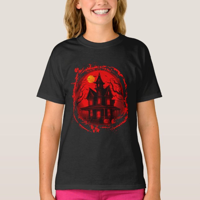 CAMISETA HALLOWEEN CASA DE PELIGRO ROJO SILHOUETTE NEGRO (Anverso)