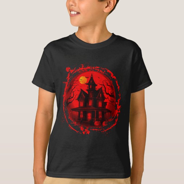 CAMISETA HALLOWEEN CASA DE PELIGRO ROJO SILHOUETTE NEGRO (Anverso)