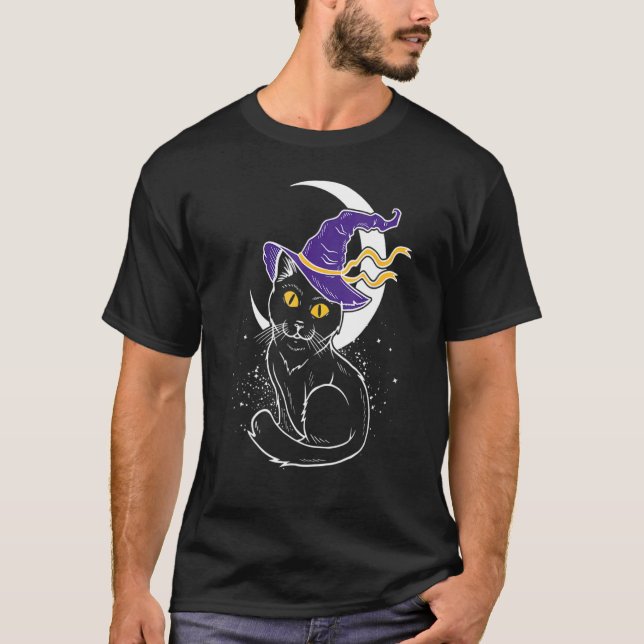 Camiseta Halloween Cat Crescent Moon Witch Gorra (Anverso)