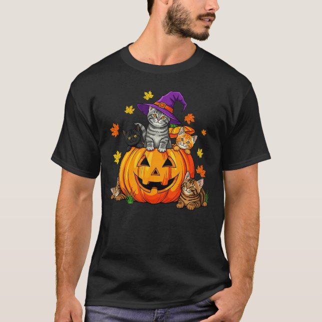 Camiseta Halloween Cat Pumpkin Spooky Season Men Women Cute (Anverso)