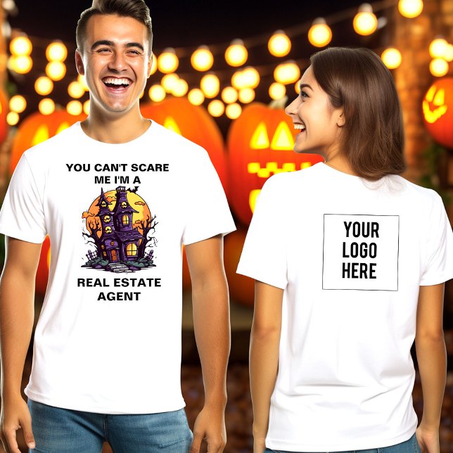 Camiseta Halloween con el logo del agente inmobiliario de l (Haunted House You can't scare me I'm a real estate agent t-shirt with logo on back)