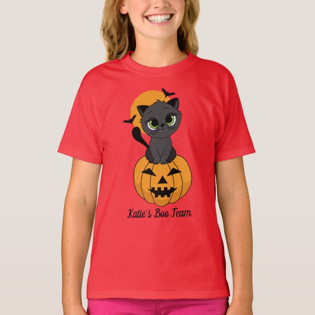 Camiseta Halloween con gatos de vampiros y niños de calabaz (Anverso)