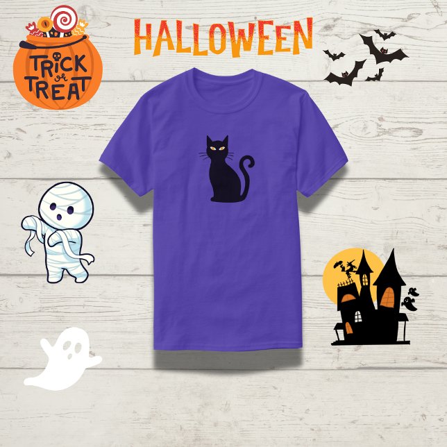 Camiseta Halloween con gatos negros de ojos anaranjados gri (Subido por el creador)
