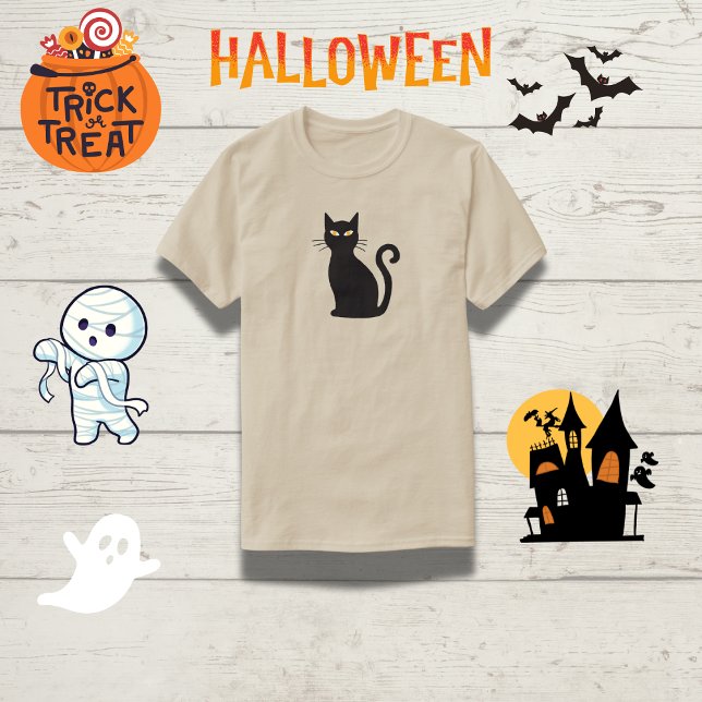 Camiseta Halloween con gatos negros de ojos anaranjados gri (Subido por el creador)