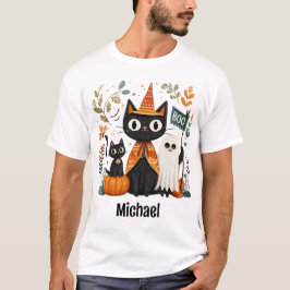Camiseta Halloween con gatos negros y fantasmas personaliza