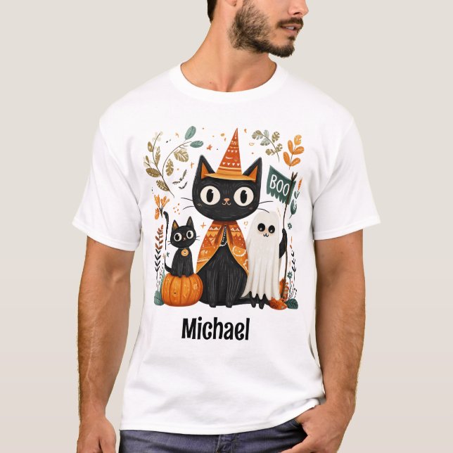 Camiseta Halloween con gatos negros y fantasmas personaliza (Anverso)