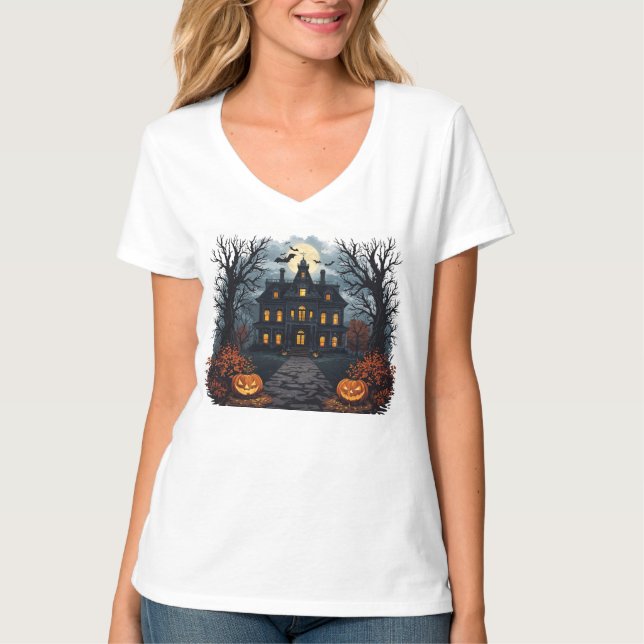 Camiseta Halloween con la casa embrujada y el parche de cal (Anverso)