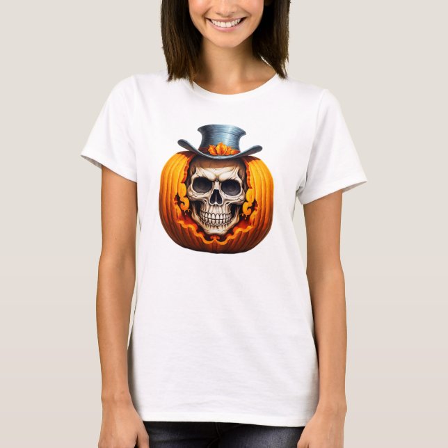 Camiseta Halloween con los huesos de sombrero superior de c (Anverso)