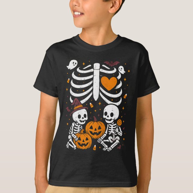 Camiseta Halloween Costume Pregnant Woman Twins Pumpkin Rib (Anverso)
