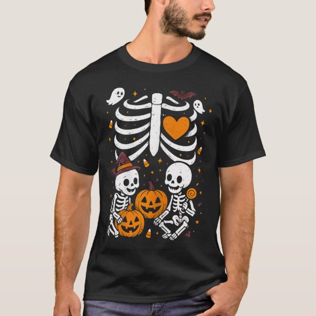 Camiseta Halloween Costume Pregnant Woman Twins Pumpkin Rib (Anverso)