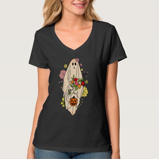 Camiseta Halloween Costume Vintage Floral Ghost Pumpkin (Anverso)