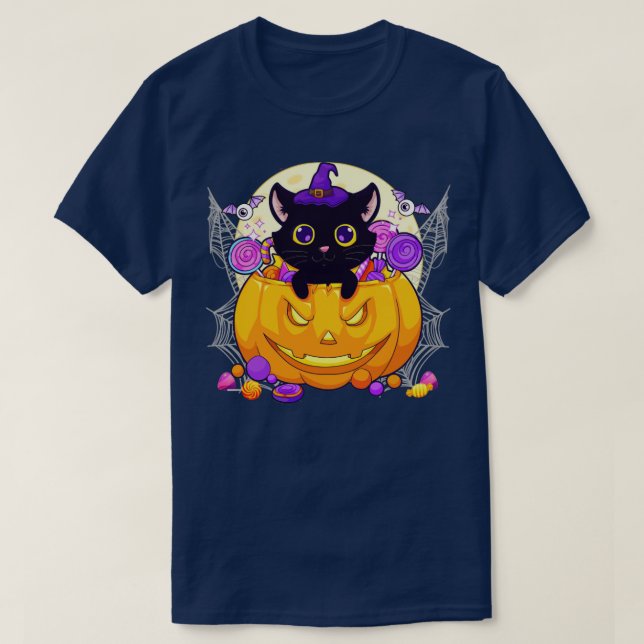 Camiseta Halloween Cute Black Cat Witch Hat Pumpkin (Diseño del anverso)