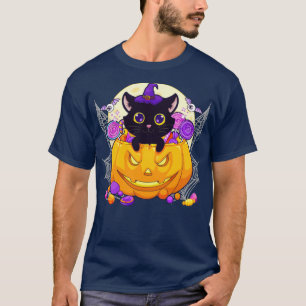 Camiseta Halloween Cute Black Cat Witch Hat Pumpkin
