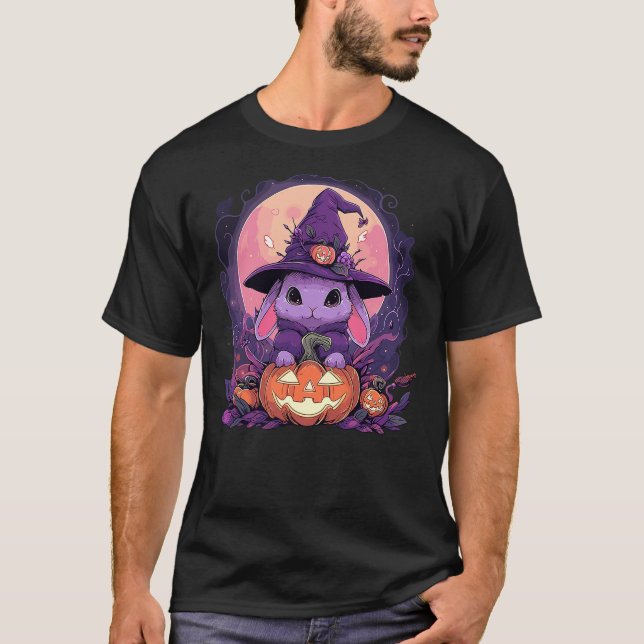Camiseta Halloween Cute Bunny Rabbit Witch Hat Jack o Lante (Anverso)