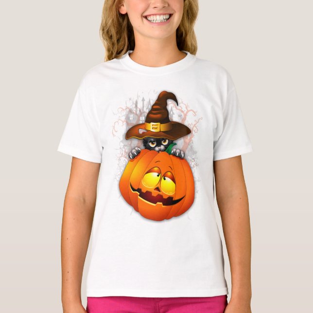 Camiseta Halloween Cute Kitty Witch and Pumpkin Friend  (Anverso)