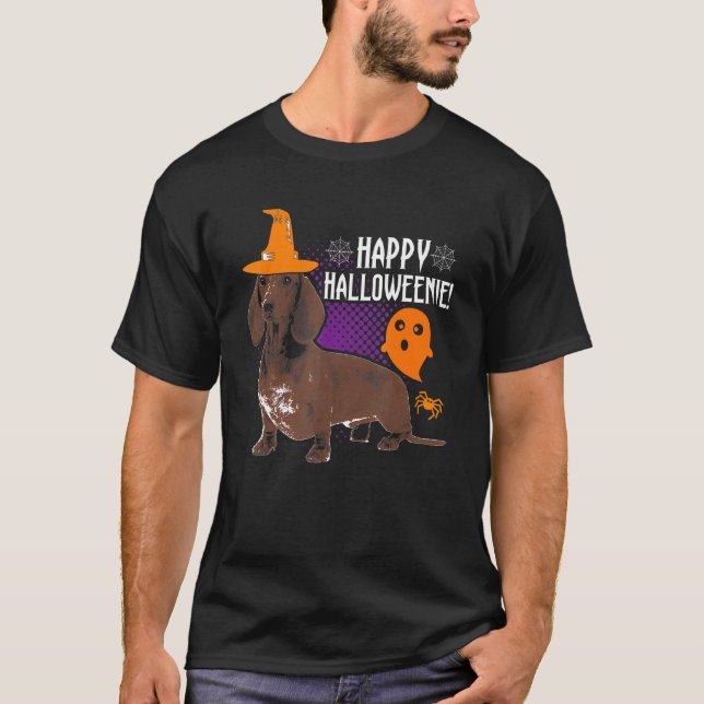 Camiseta Halloween Dachshund Hombres Mujeres Niños Felices  (Anverso)