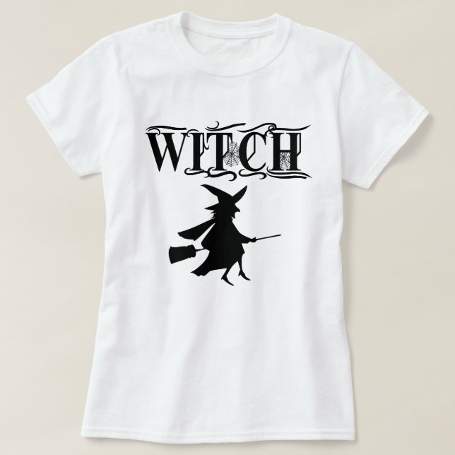 Camiseta Halloween de bruja voladora malvada negra (Diseño del anverso)