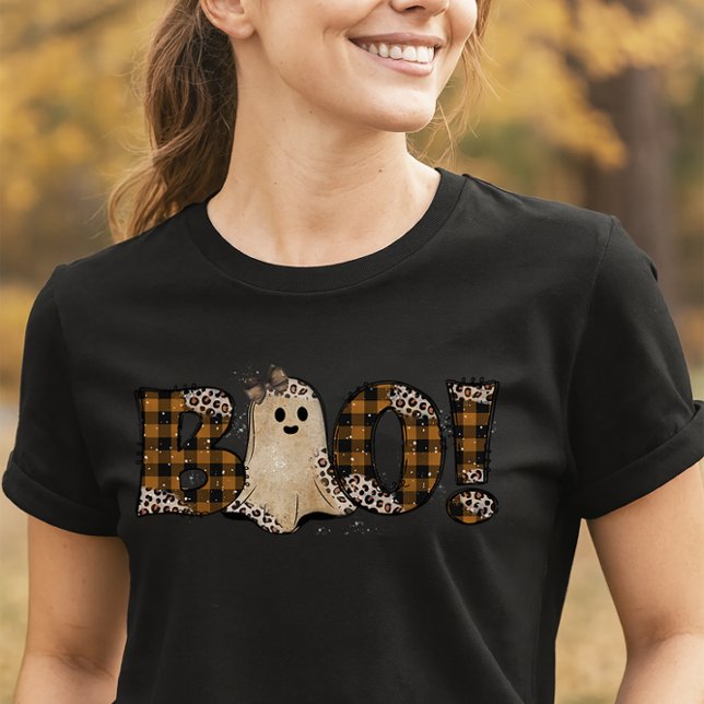 Camiseta Halloween de Fantasma Rústico Leopard & Plaid (Cute Halloween Tee)
