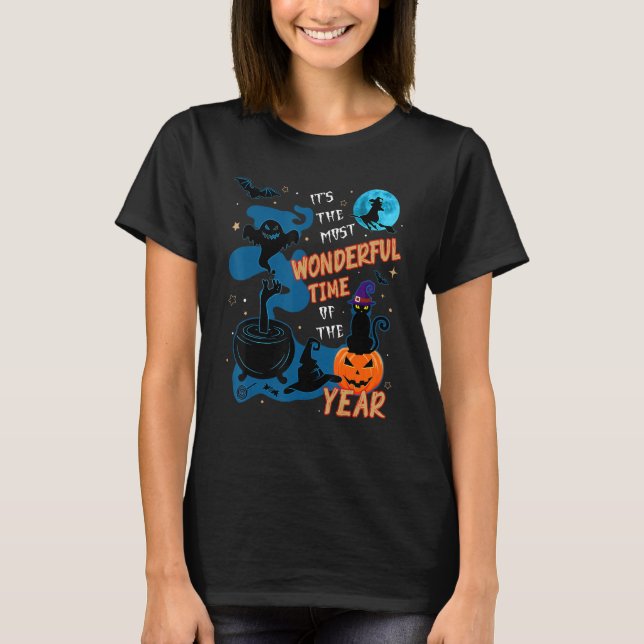 Camiseta Halloween De Gato Y Calabaza Negra, Gorra De Bruja (Anverso)