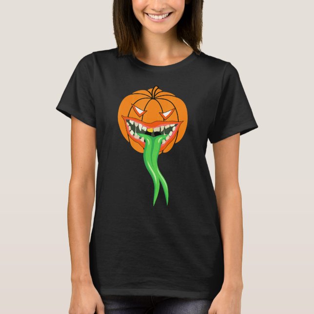 Camiseta Halloween de la Lengua Verde Monstruo de Calabaza (Anverso)