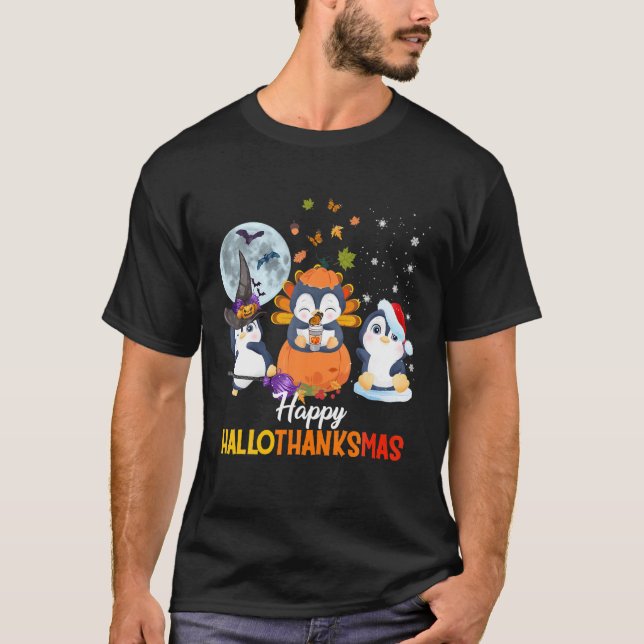 Camiseta Halloween de los Pingüinos Y Feliz Navidad Hallo (Anverso)