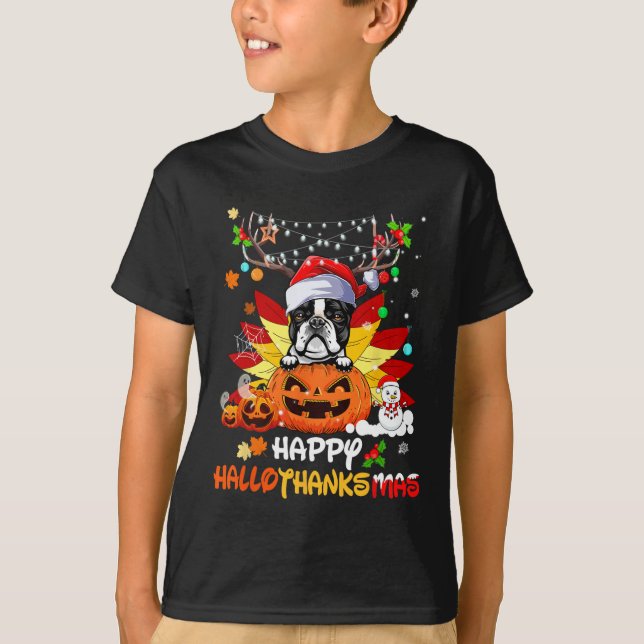 Camiseta Halloween De Perro Terrier De Boston Y Feliz Navid (Anverso)