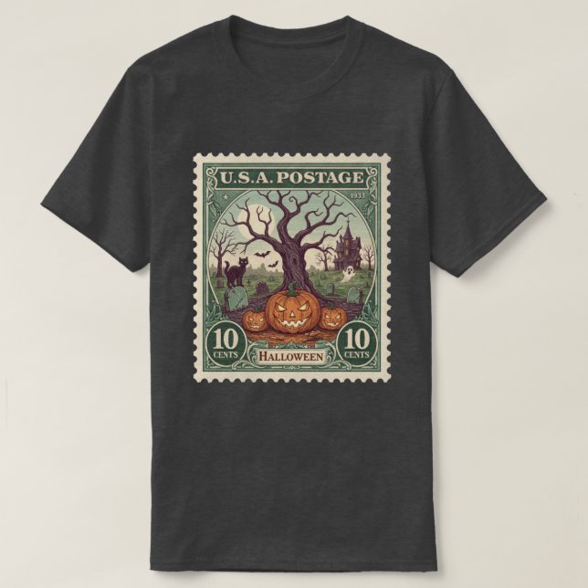 Camiseta Halloween de Sello de Correo Antiguo (Diseño del anverso)