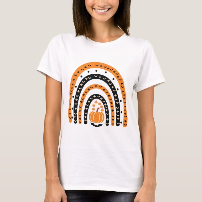 Camiseta Halloween del arcoiris del Boho negro y naranja (Anverso)