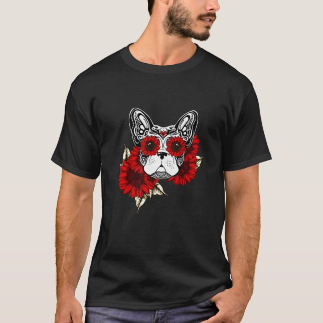Camiseta Halloween del cráneo de azúcar en Bulldog francés  (Anverso)