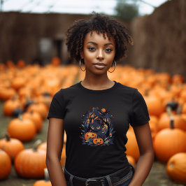 Camiseta Halloween del gato negro animado "Misteriosa línea