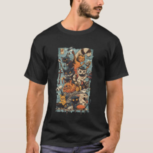 Camiseta Halloween Divino Felino Naranja Negro Espeluznante
