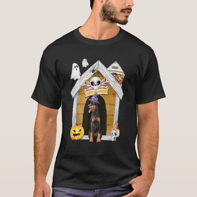 Camiseta Halloween Dobermann Dog Witch Haunty House (Anverso)