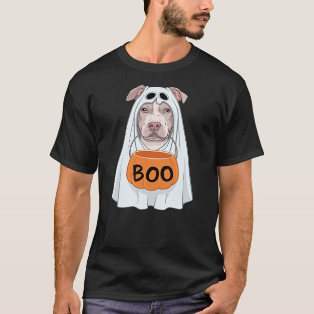 Camiseta Halloween Dog Pitbull Cute Ghost Sheet Costume Boo (Anverso)