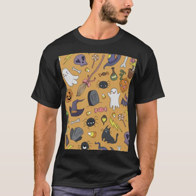 Camiseta Halloween Doodle Objects Seless Pattern (Anverso)