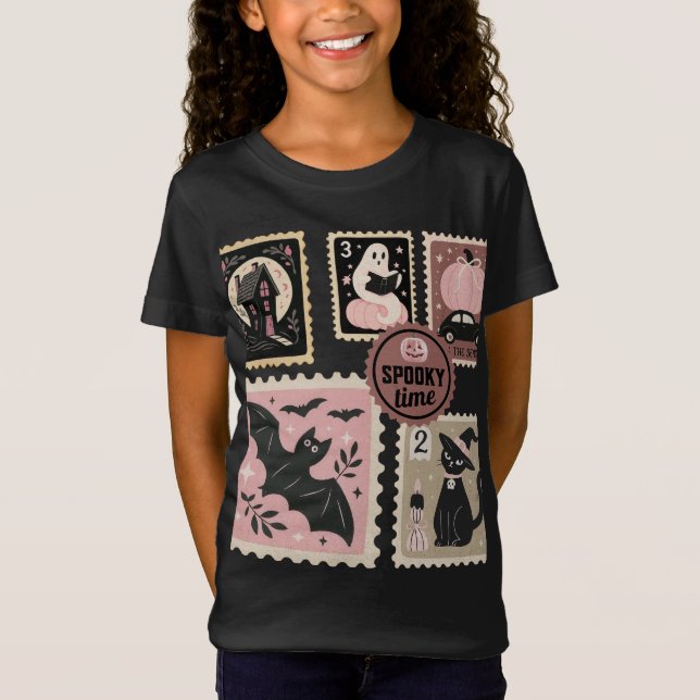 Camiseta Halloween en rosado estampado de gatos en calabaza (Anverso)