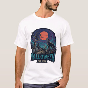 Camiseta Halloween Est Lobo Aullador Luna Roja Mano Zombie_