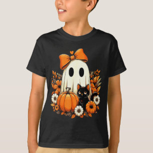 Camiseta Halloween Fantasma Gato Negro Floral Groovy
