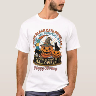 Camiseta Halloween Feliz Enfermería Gatos Negros Calabazas 