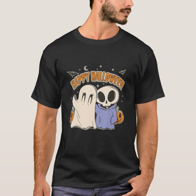 Camiseta Halloween Feliz Halloween lindo esqueleto y ghos (Anverso)