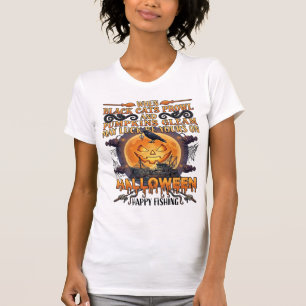 Camiseta Halloween Feliz Pesca Gatos Negros Calabazas Cuerv