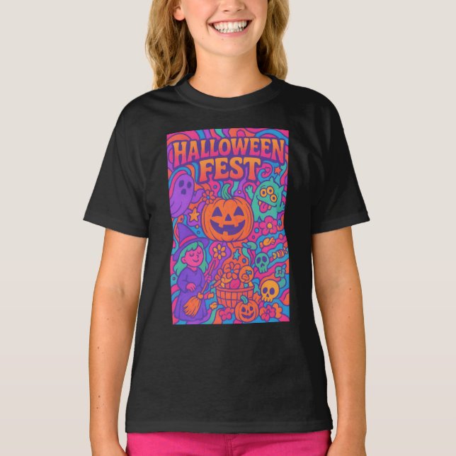 Camiseta Halloween Fest colorido retro masculino unisexo (Anverso)