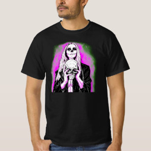 Camiseta Halloween Funny Pink Green Scary Lady Skull Black