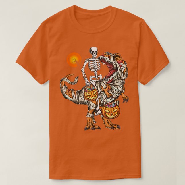 Camiseta Halloween Funny Skeleton Riding Mummy Dinosaur T R (Diseño del anverso)