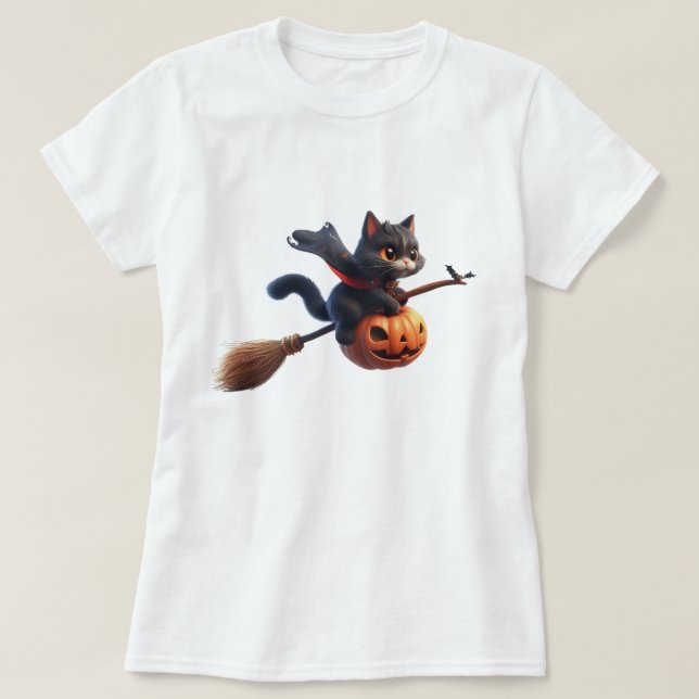 Camiseta Halloween Gatos De Brujas Montando Calabaza De Bro (Diseño del anverso)