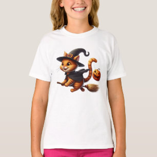 Camiseta Halloween Gatos De Brujas Montando Calabaza De Bro