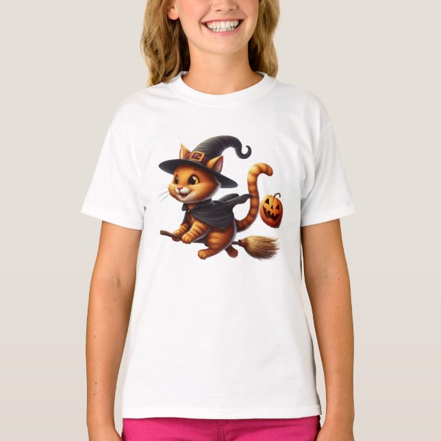 Camiseta Halloween Gatos De Brujas Montando Calabaza De Bro (Anverso)
