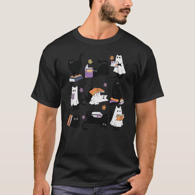 Camiseta Halloween Ghost Black Cat Reading Book Costume (Anverso)