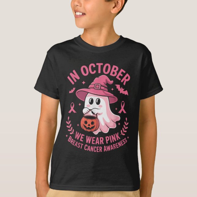 Camiseta Halloween Ghost In October We Wear Nk Breast Cance (Anverso)